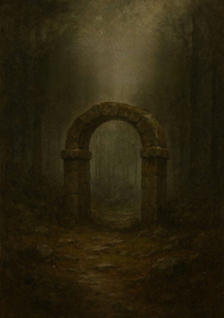 A moss-covered stone archway stands alone in a dark, mist-filled forest clearing, faintly illuminated from above.