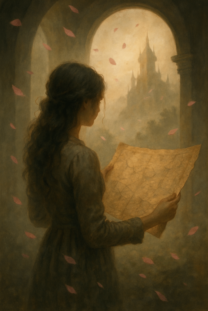 A woman stands beneath a stone archway, holding an aged map. Pink petals drift through the air as a distant, mist-veiled castle rises beyond her.