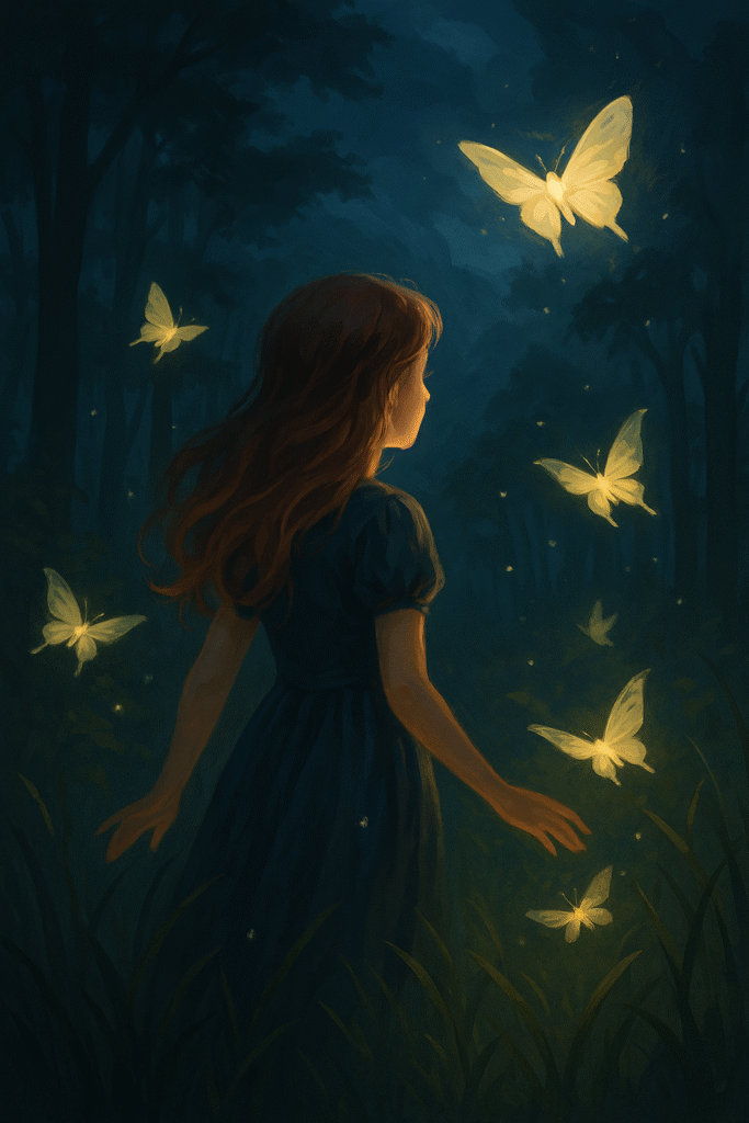 A young girl in a dark forest reaches toward glowing golden moths that hover in the air, illuminating the trees around her with soft light.