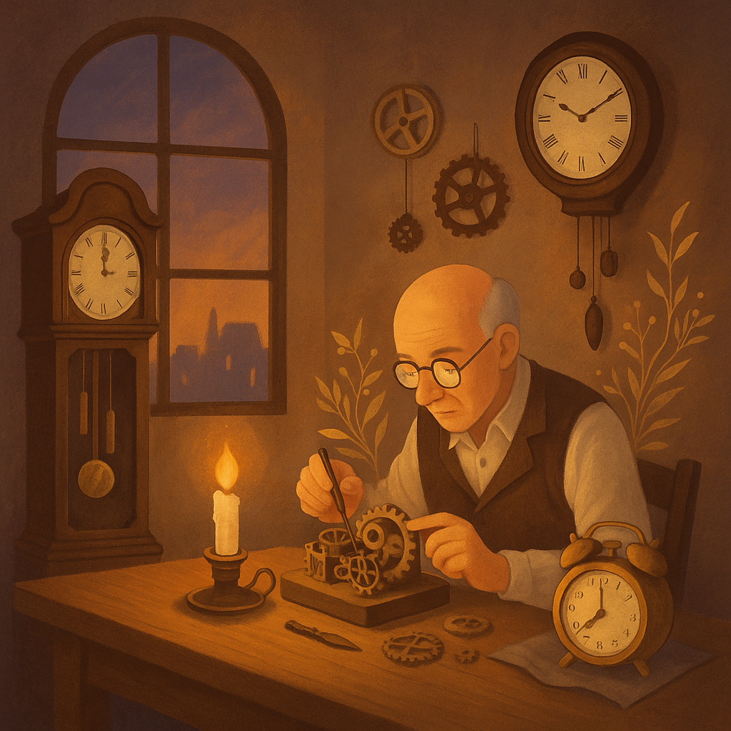 An elderly man repairs clockwork gears by candlelight in a cozy workshop filled with ticking clocks and glowing sunset light.