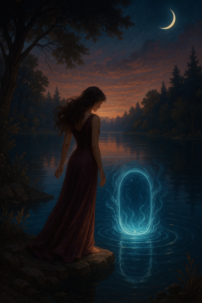 A woman in a flowing dress stands at the edge of a moonlit lake, staring into a glowing, watery portal that rises from the surface. The sky is painted with twilight hues, and the crescent moon hangs quietly above the treeline.