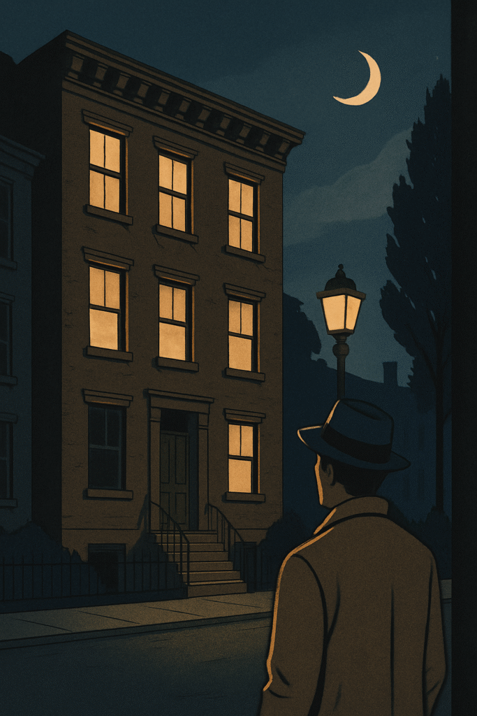 A man in a trench coat and hat stares at a lit apartment building under a crescent moon, standing in silence on a dimly lit street.